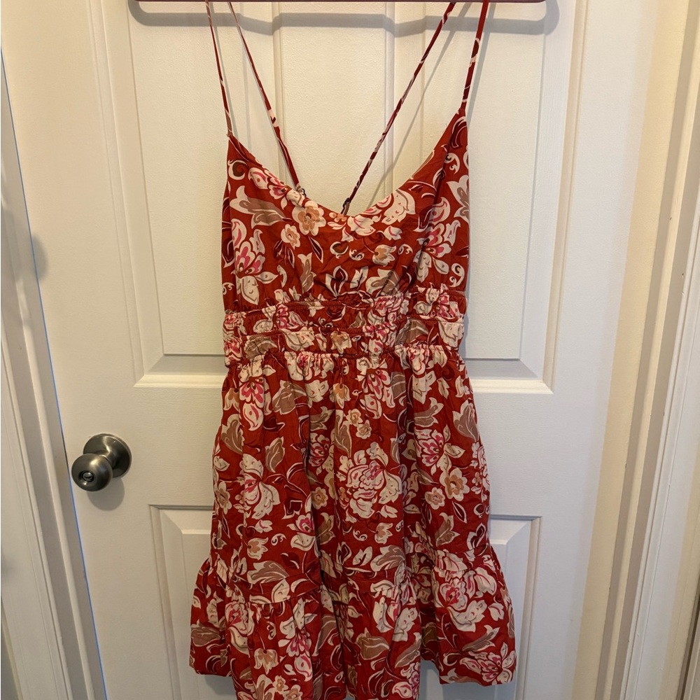 Anthropologie Red Mini Sundress with Spaghetti Straps and Floral Print